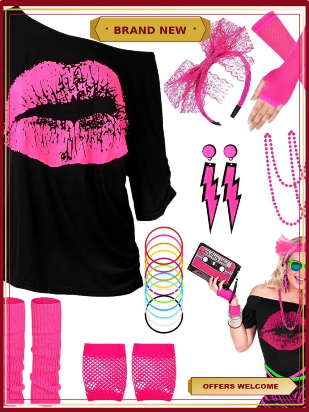 80s Costume 22PCS Off Shoulder T-Shirt Legwarmers Neon Accessories